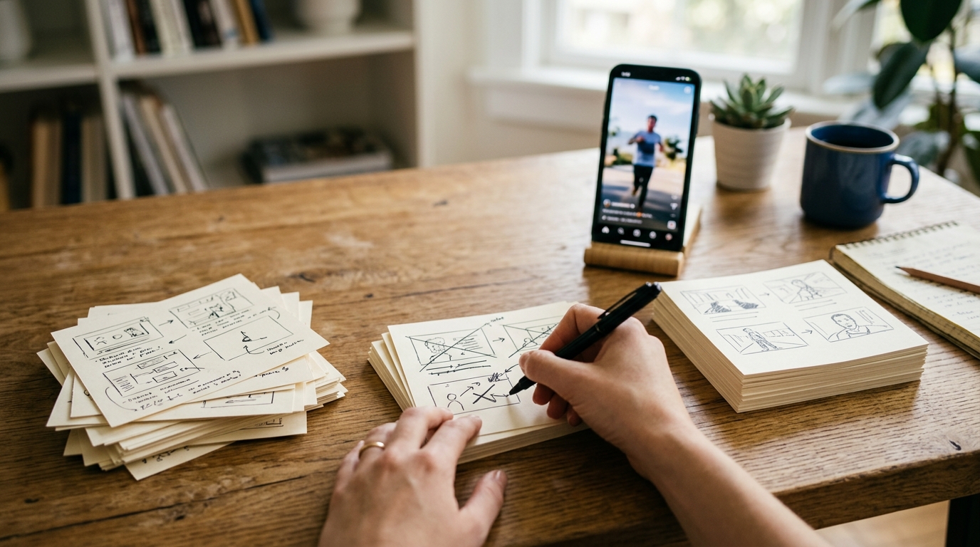 Three stacks of storyboard cards on a desk beside a phone playing a vertical video