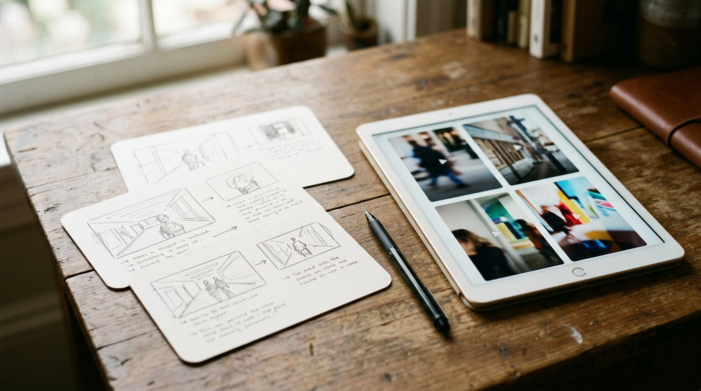 Storyboard cards and a tablet of vertical video thumbnails used as evidence for the next short-form post